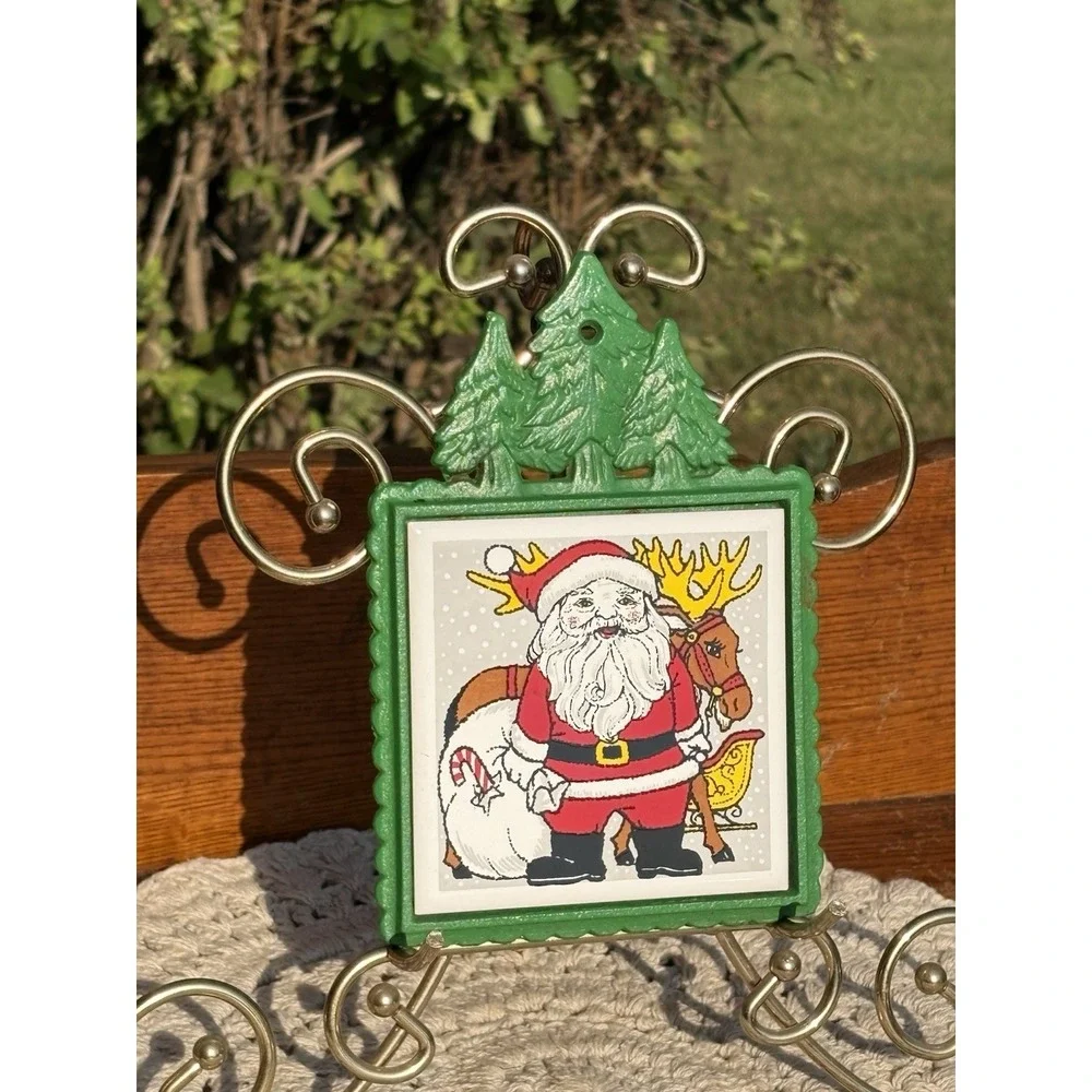 Vintage Santa Claus Ceramic Tile Trivet Hot Plate Green Cast Iron Christmas